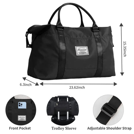 37L Waterproof Duffle Bag for Women, Tear-Resistant Gym Travel Bag with Adjustable Shoulder Strap & Trolley Sleeve, Airline Approved Carry-On Weekender Bag with Wet/Dry Pocket, Black
