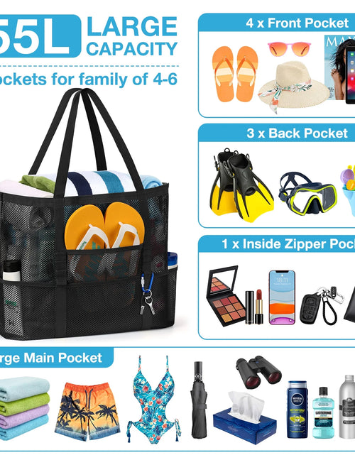 Load image into Gallery viewer, Mesh Beach Bag Rope Handles, Mesh Tote Bag for Women Contains Wicker Oversized Beach Tote Bag with 9 Small Pockets (Black)
