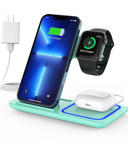 Wireless Charging Station, 2025 Upgraded 18W 3 in 1 Wireless Charger Stand for Iphone 16/15/14/13/12/11 Pro/Xs, Airpods 4/3/2/1/Pro, Iwatch Series 10/9/8/7/6/5/4/3,Samsung Phones(Green)