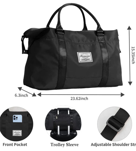 37L Waterproof Duffle Bag for Women, Tear-Resistant Gym Travel Bag with Adjustable Shoulder Strap & Trolley Sleeve, Airline Approved Carry-On Weekender Bag with Wet/Dry Pocket, Black