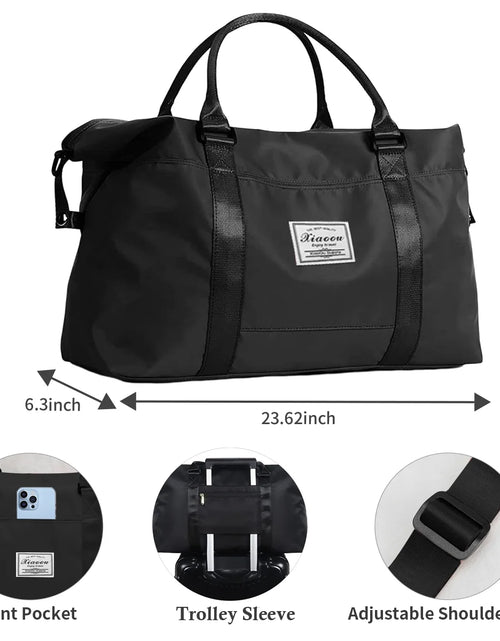 Load image into Gallery viewer, 37L Waterproof Duffle Bag for Women, Tear-Resistant Gym Travel Bag with Adjustable Shoulder Strap &amp; Trolley Sleeve, Airline Approved Carry-On Weekender Bag with Wet/Dry Pocket, Black
