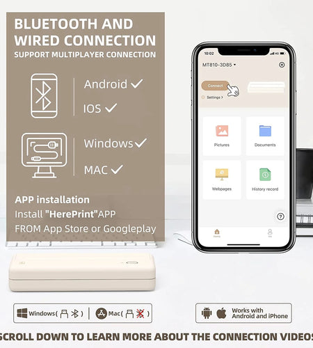 Wireless Printer, Portable Thermal Inkless Printer Compatible with Android Ios Phones & Laptops, Beige