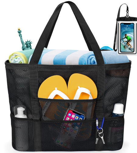 Mesh Beach Bag Rope Handles, Mesh Tote Bag for Women Contains Wicker Oversized Beach Tote Bag with 9 Small Pockets (Black)