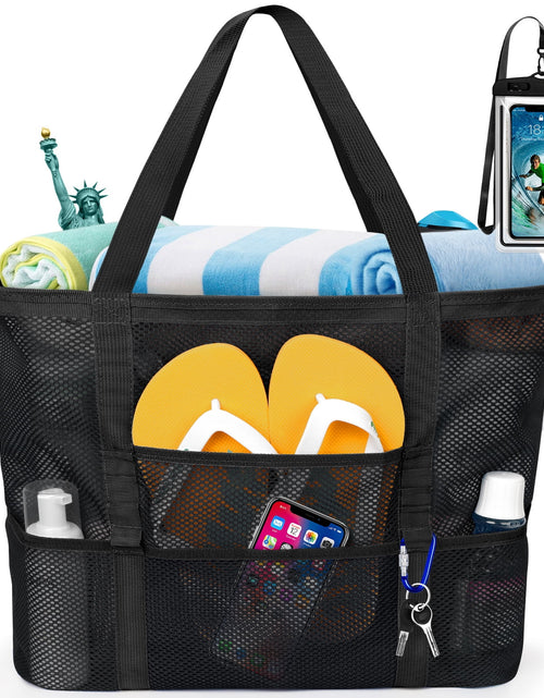 Load image into Gallery viewer, Mesh Beach Bag Rope Handles, Mesh Tote Bag for Women Contains Wicker Oversized Beach Tote Bag with 9 Small Pockets (Black)
