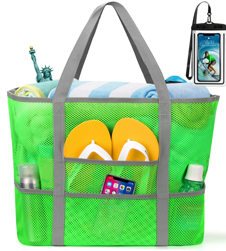 Mesh Beach Bag Rope Handles, Mesh Tote Bag for Women Contains Wicker Oversized Beach Tote Bag with 9 Small Pockets (Green)