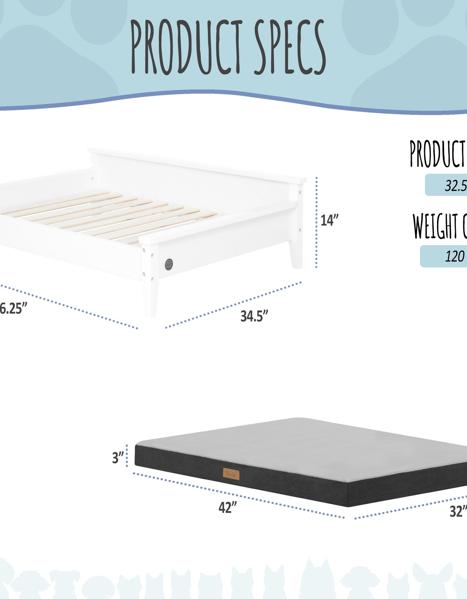 Winston Large Elevated Wooden Pet Bed with Mattress, White