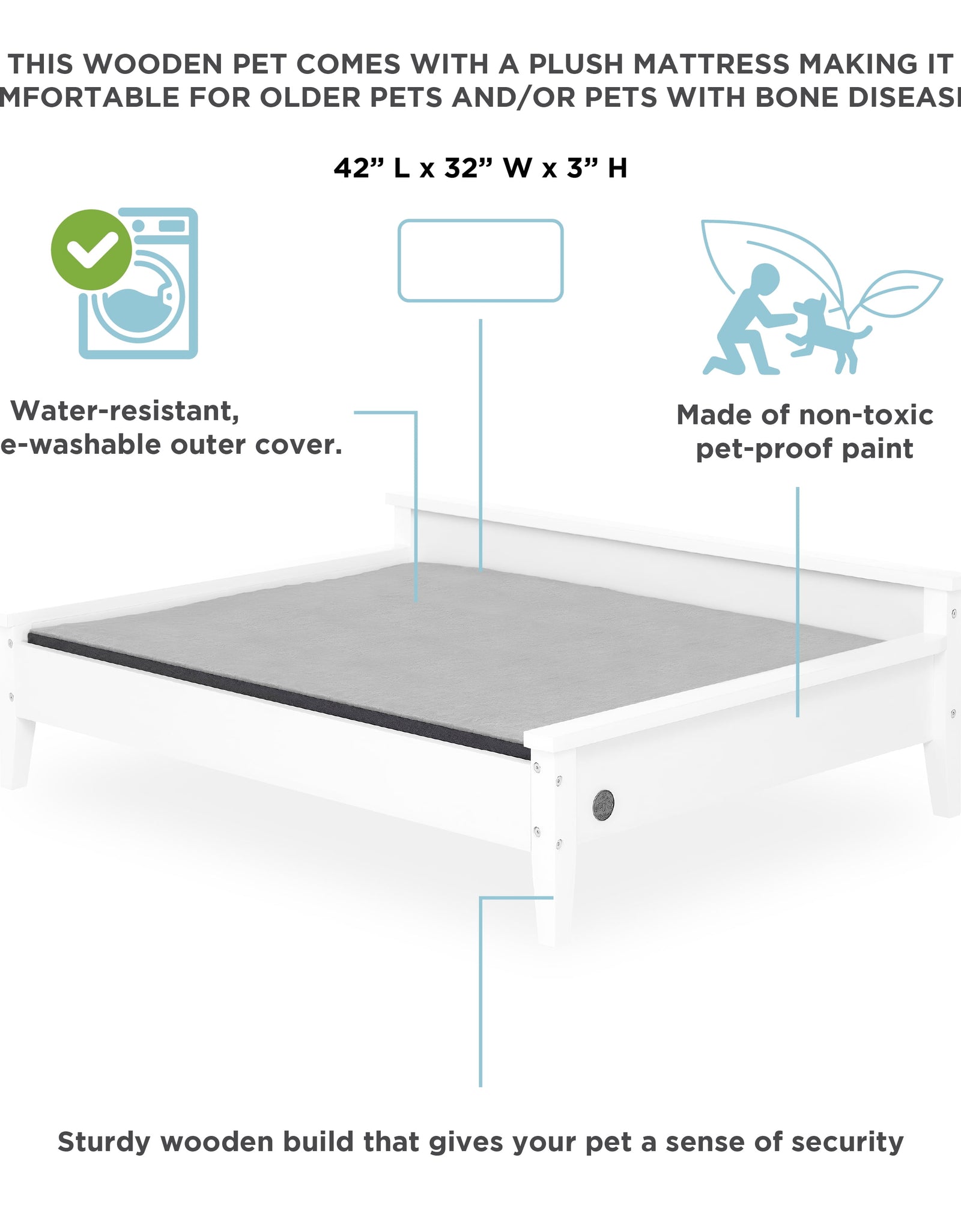 Winston Large Elevated Wooden Pet Bed with Mattress, White
