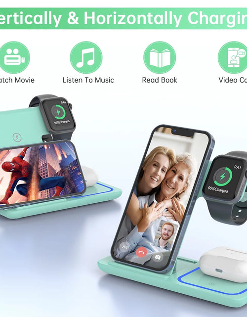 Load image into Gallery viewer, Wireless Charging Station, 2025 Upgraded 18W 3 in 1 Wireless Charger Stand for Iphone 16/15/14/13/12/11 Pro/Xs, Airpods 4/3/2/1/Pro, Iwatch Series 10/9/8/7/6/5/4/3,Samsung Phones(Green)
