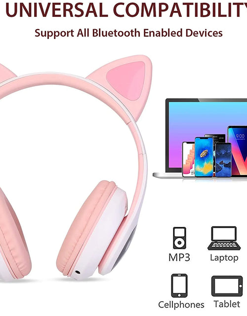 Load image into Gallery viewer, Kids Wireless Headphones Cat Ear LED Light up Bluetooth Foldable Headphones over Ear W/Microphone for Online Distant Learning (Pink)
