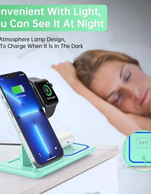 Load image into Gallery viewer, Wireless Charging Station, 2025 Upgraded 18W 3 in 1 Wireless Charger Stand for Iphone 16/15/14/13/12/11 Pro/Xs, Airpods 4/3/2/1/Pro, Iwatch Series 10/9/8/7/6/5/4/3,Samsung Phones(Green)

