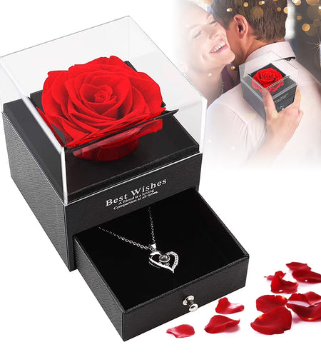 Preserved Red Real Rose with I Love You Necklace in 100 Languages -Eternal Flowers Rose Gifts for Mom Wife Girlfriend Her on Christmas Valentines Day Mother'Sday Anniversary Birthday Gifts for Women