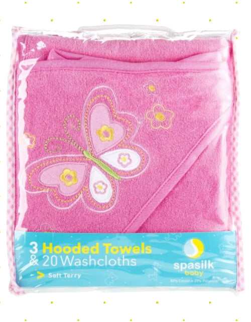 Load image into Gallery viewer, Bath Hooded Towels &amp; Washcloths Set for Babies, 23-Piece Gift Set, Pink Butterfly
