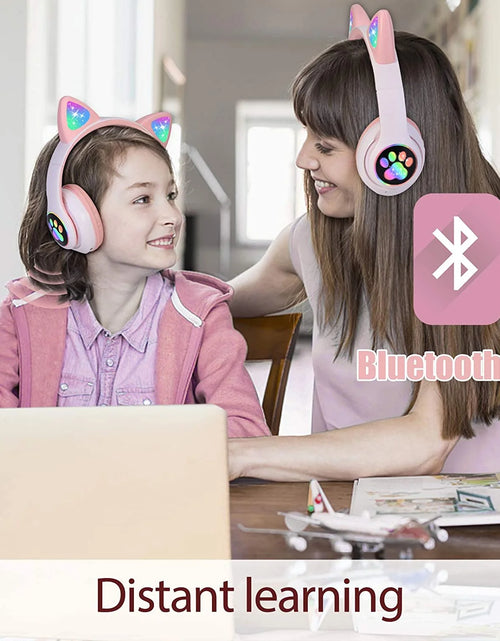 Load image into Gallery viewer, Kids Wireless Headphones Cat Ear LED Light up Bluetooth Foldable Headphones over Ear W/Microphone for Online Distant Learning (Pink)
