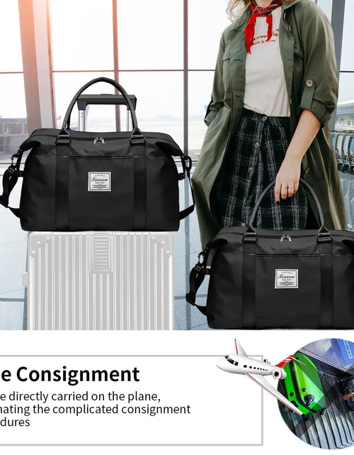 Load image into Gallery viewer, 37L Waterproof Duffle Bag for Women, Tear-Resistant Gym Travel Bag with Adjustable Shoulder Strap &amp; Trolley Sleeve, Airline Approved Carry-On Weekender Bag with Wet/Dry Pocket, Black
