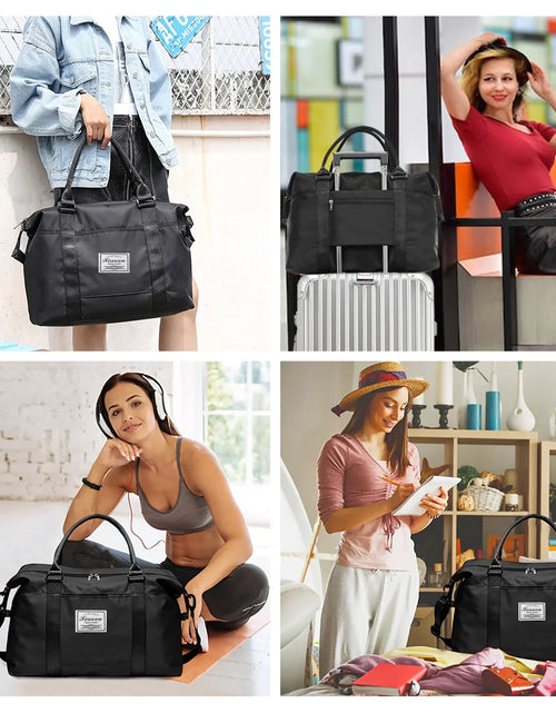 Load image into Gallery viewer, 37L Waterproof Duffle Bag for Women, Tear-Resistant Gym Travel Bag with Adjustable Shoulder Strap &amp; Trolley Sleeve, Airline Approved Carry-On Weekender Bag with Wet/Dry Pocket, Black
