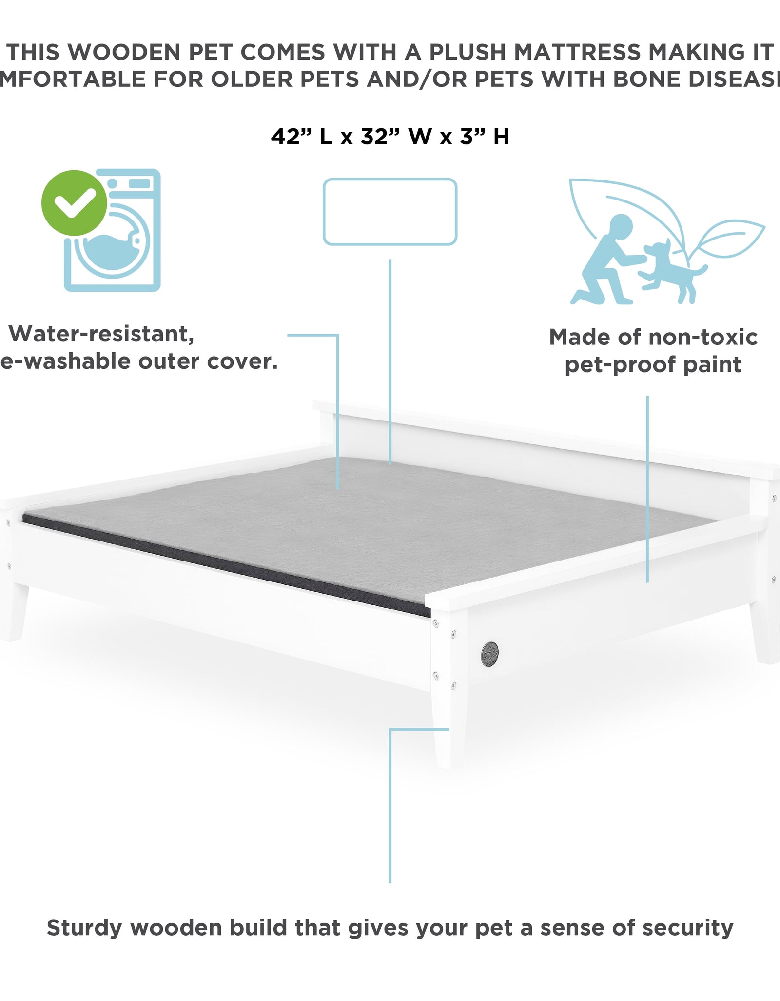 Winston Large Elevated Wooden Pet Bed with Mattress, White