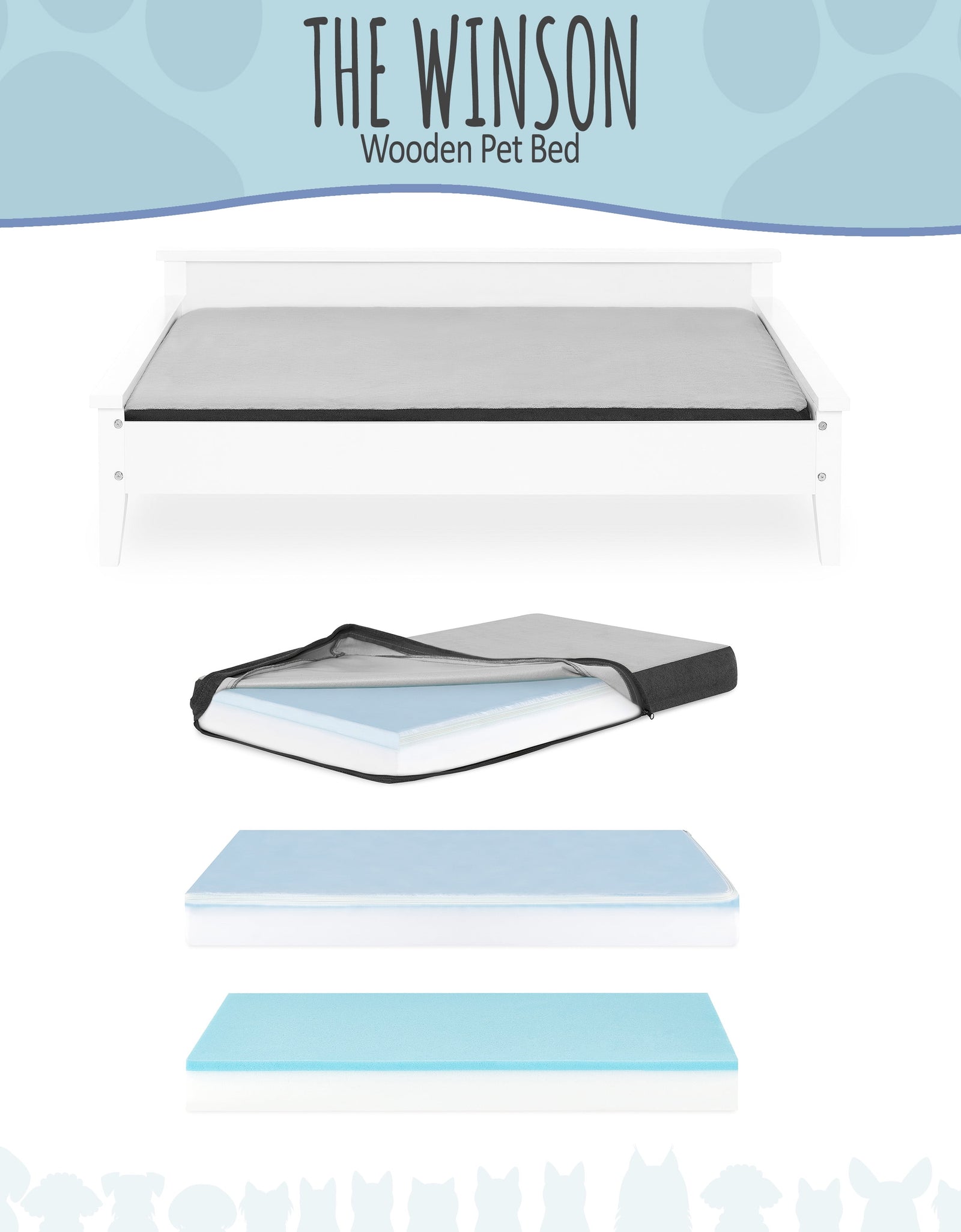 Winston Large Elevated Wooden Pet Bed with Mattress, White