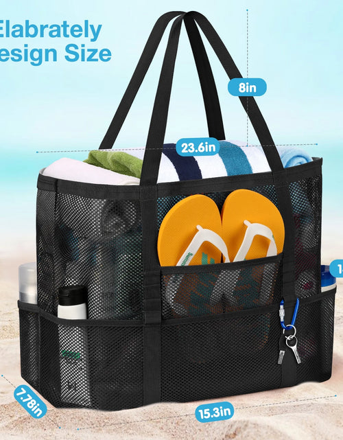 Load image into Gallery viewer, Mesh Beach Bag Rope Handles, Mesh Tote Bag for Women Contains Wicker Oversized Beach Tote Bag with 9 Small Pockets (Black)

