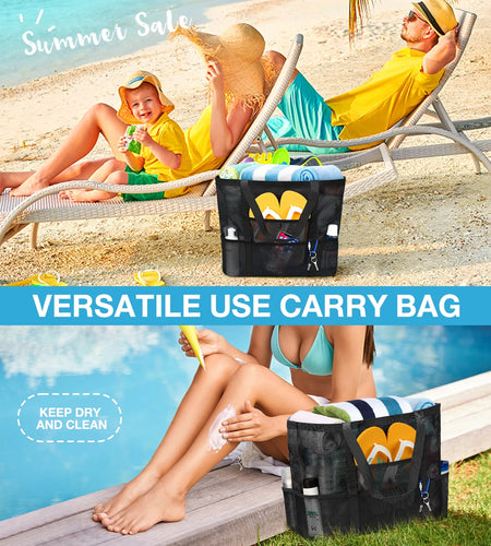 Mesh Beach Bag Rope Handles, Mesh Tote Bag for Women Contains Wicker Oversized Beach Tote Bag with 9 Small Pockets (Black)